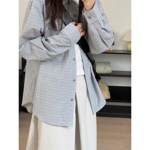 TC606-P45复古蓝色格子衬衫女2026新款文艺风叠穿宽松长袖衬衣图片