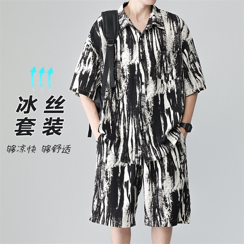 特批P45无差价夏季港风高级感短袖衬衫短裤男新中式两件套装TZ081,男装休闲套装,电商A001