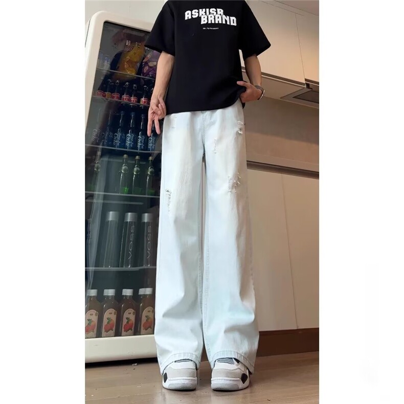 牛仔裤男女夏季超火破洞设计百搭高腰直筒不贴腿长裤子AM455 P50图片
