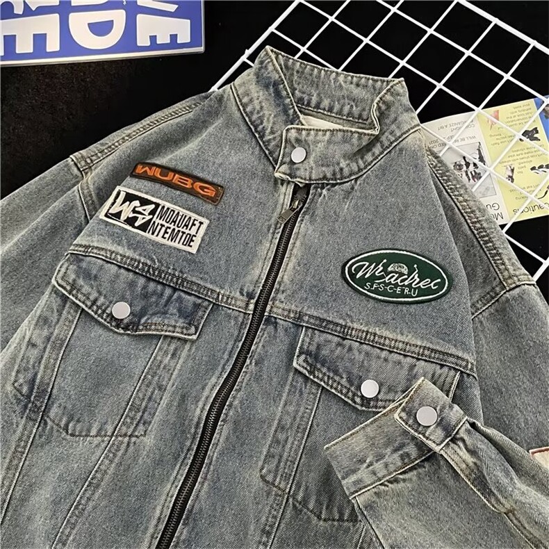 美式复古牛仔外套男女水洗做旧刺绣夹克vintage立领上衣JN215-P70图片