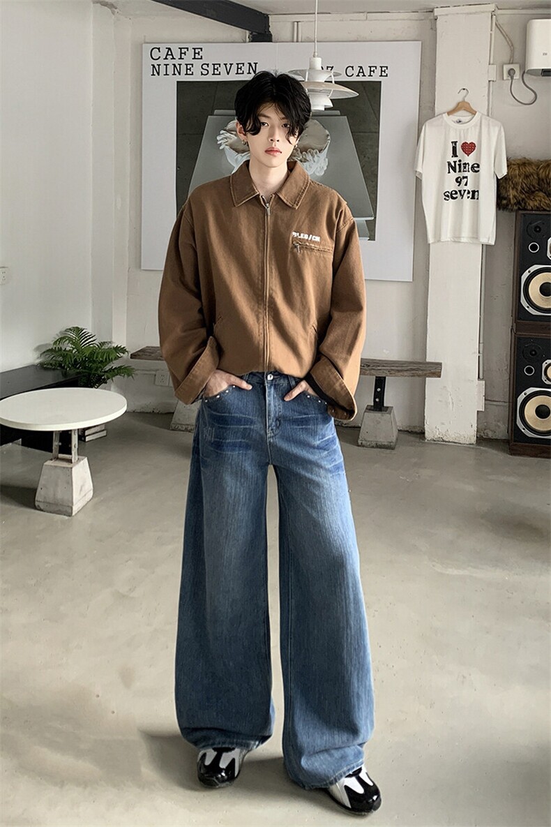 美式蓝色高腰微喇牛仔裤男女设计感不贴腿宽松阔腿长裤YD9008-P70,男装牛仔裤,星座509