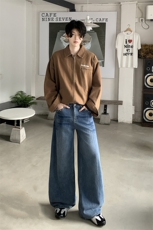 美式蓝色高腰微喇牛仔裤男女设计感不贴腿宽松阔腿长裤YD9008-P70，男装牛仔裤，星座509