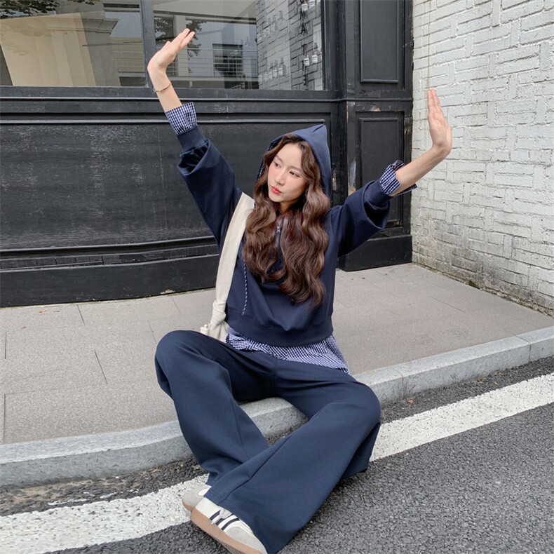 休闲运动穿搭连帽蓝色卫衣套装女秋季秋超火好看高级阔腿裤两件套,女装套装/套裙,2C117