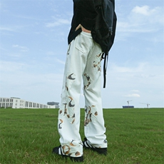 火焰蕾丝美式牛仔裤潮牌宽松白色长裤男女个性高街休闲裤B077-P53，男装牛仔裤，星座1008