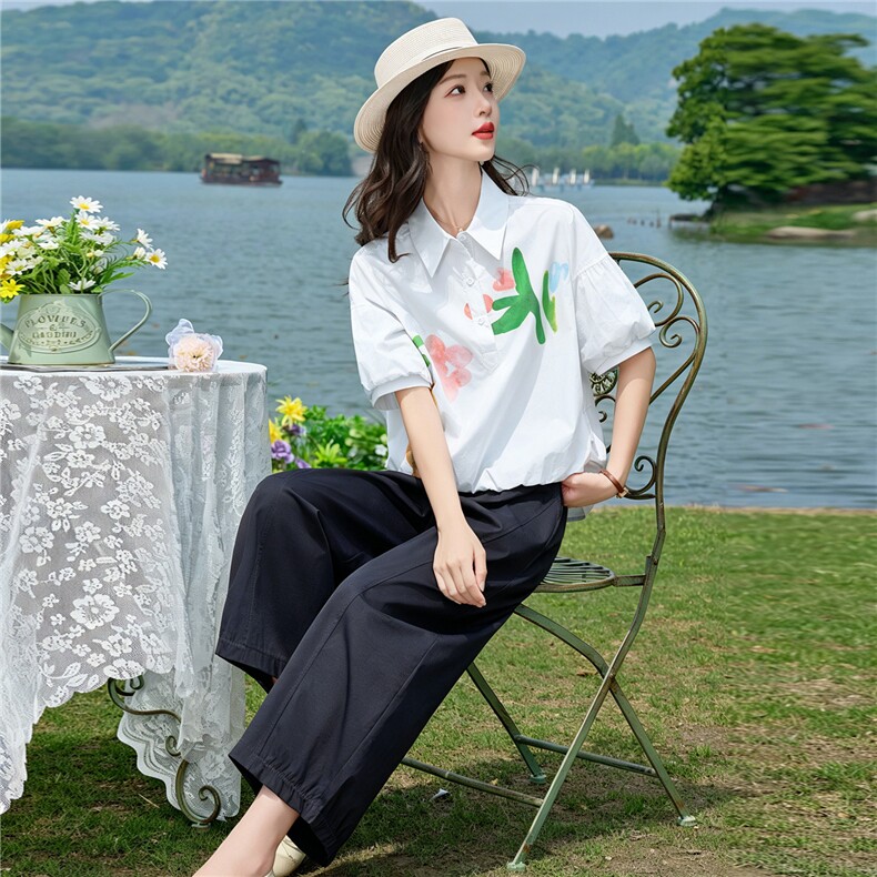 2026年夏季新款时尚水墨印花衬衫裤子两件套,女装套装/套裙,依路服饰