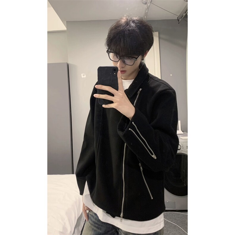 网图黑色毛呢短款夹克斜拉链解构设计感翻领外套DY193-P90,男装夹克,星座1213