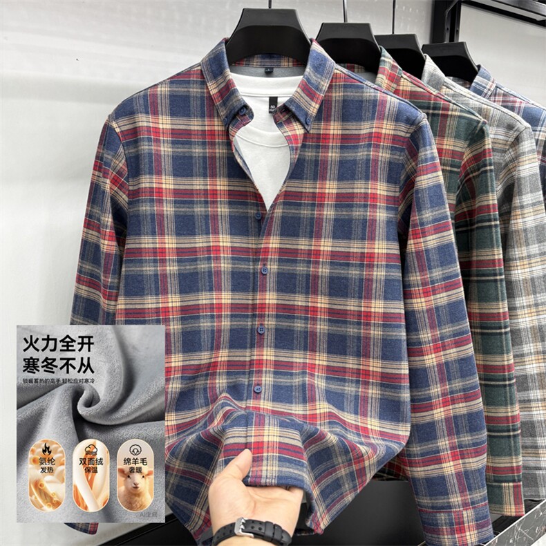 FN25195延续加绒冬季保暖长袖加厚衬衣色纺纱纯棉格子衬衫，男装衬衫，钱塘207-1