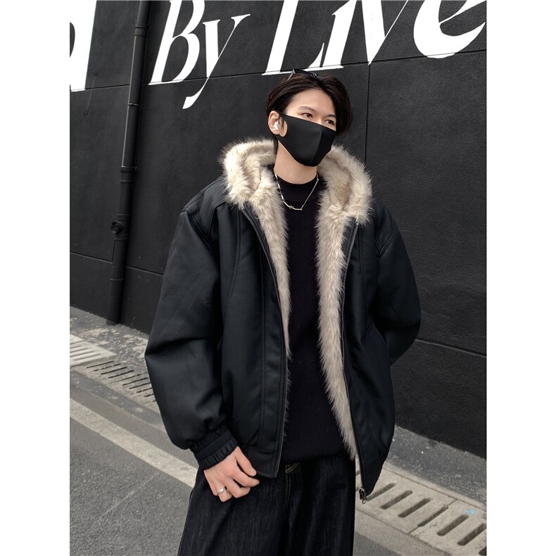 皮毛一体外套男连帽加绒加厚棉衣皮衣夹克韩系痞帅皮草棉服p118图片