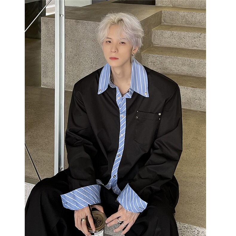 2025新款廓形拼接衬衫男痞帅纯色宽松衬衣CS91-P58，男装衬衫，电商C307