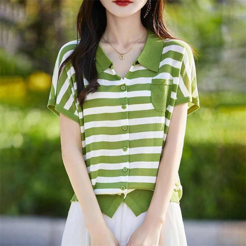 POLO领短袖T女开衫条纹撞色天丝亚麻针织衫宽松新款时尚飞袖上衣,针织衫/毛衣,暖烁羊绒