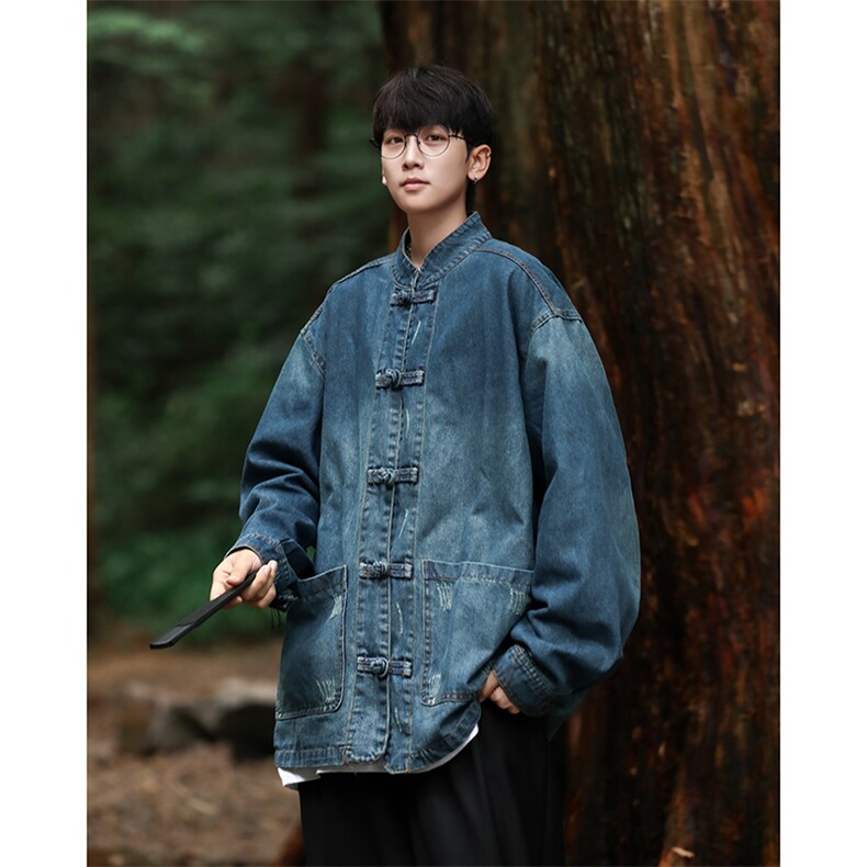 秋季新款中式水洗做旧盘扣拼接款翻领套装牛仔夹克男 JK1284-P75图片