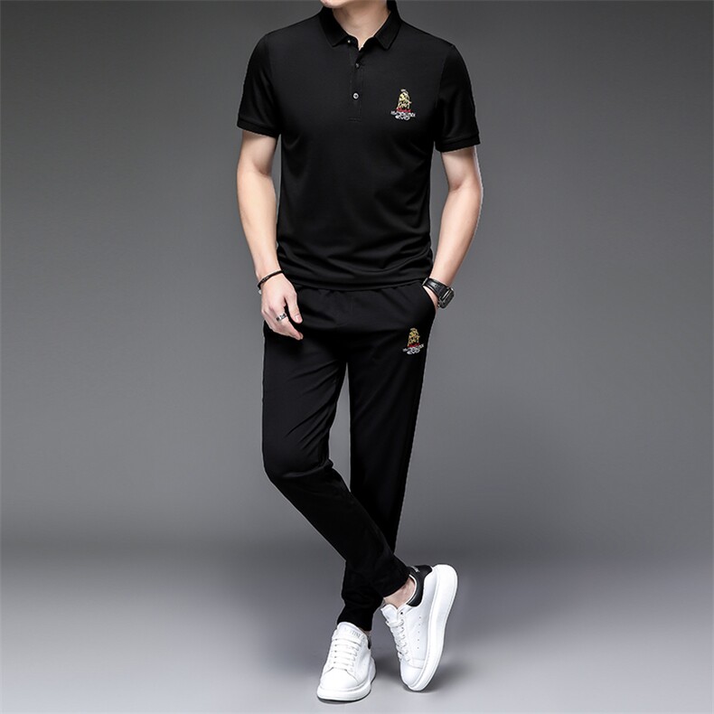 轻奢品牌男装短袖T恤套装欧货刺绣polo衫长裤运动休闲翻领,男装休闲套装,电商B212（原钱塘6029）