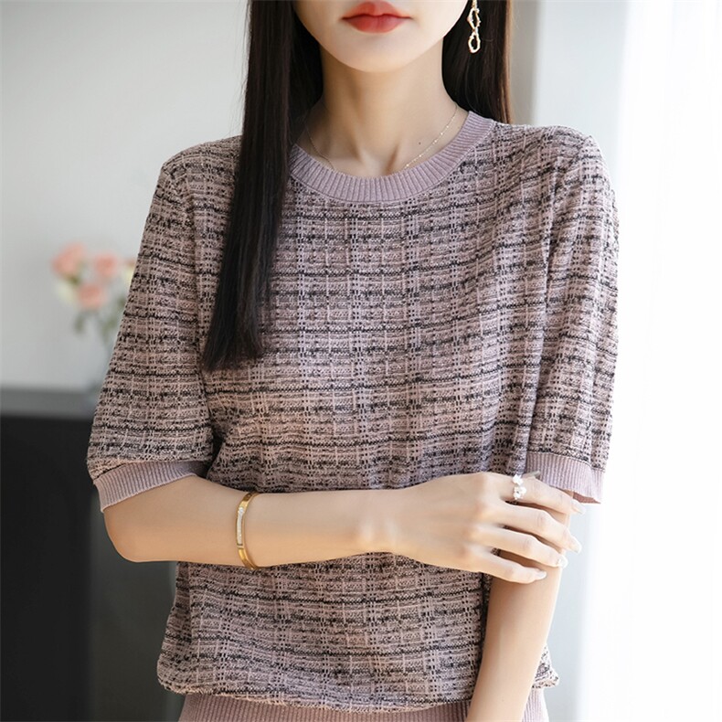 2025新款天丝莱赛尔针织短袖女圆领提花条纹上衣宽松亮丝半袖打底,女装T恤,佳绒包芯纱店