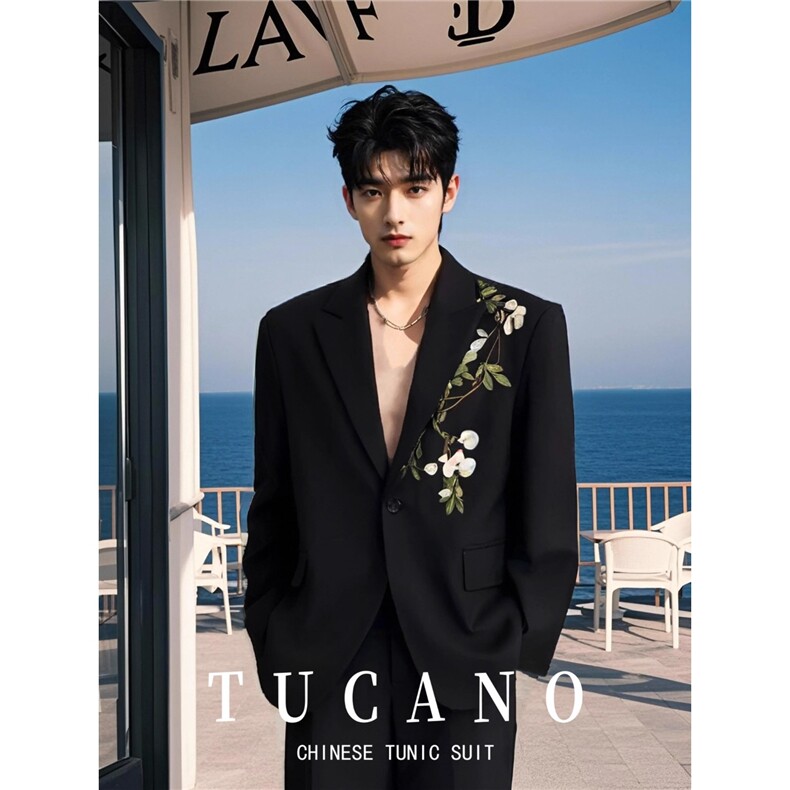 有货。春秋新中式刺绣玉兰花中山装西服外套W6934-P58，男装西服，星座412-3