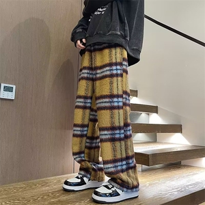 港风chic冬季加厚保暖格子直筒休闲长裤温柔风别致阔腿裤女 KA994图片