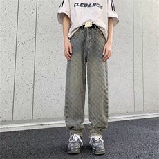 欧美高街hiphop裤子潮牌痞帅炸街男提花满印牛仔裤微喇显瘦直筒裤，男装牛仔裤，星座601-2