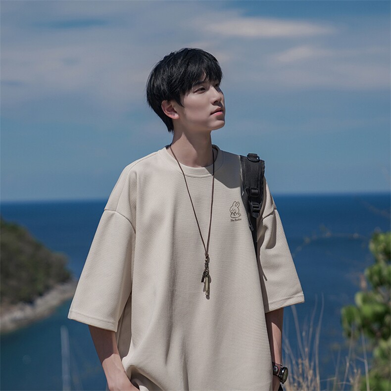 华夫格短袖男T恤潮流百搭青少年宽松休闲日系B225-T9235-P28-X39,男装T恤,电商B225