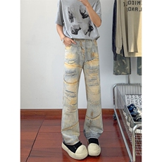 B221美式ins高街暗黑宽松直筒3D印花牛仔裤LK25441-特P50控88，男装牛仔裤，电商B221