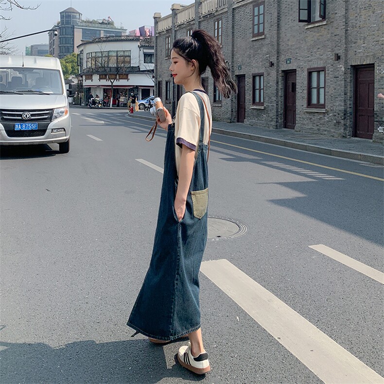 现货夏装新款水洗牛仔背带连衣裙女小个子韩版开叉牛仔裙,女装连衣裙,韩秀
