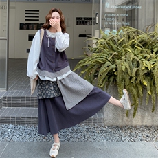 藏青色马甲衬衫半身裙套装女夏2025新款学院风森系巨好看三件套，女装套装/套裙，2D014