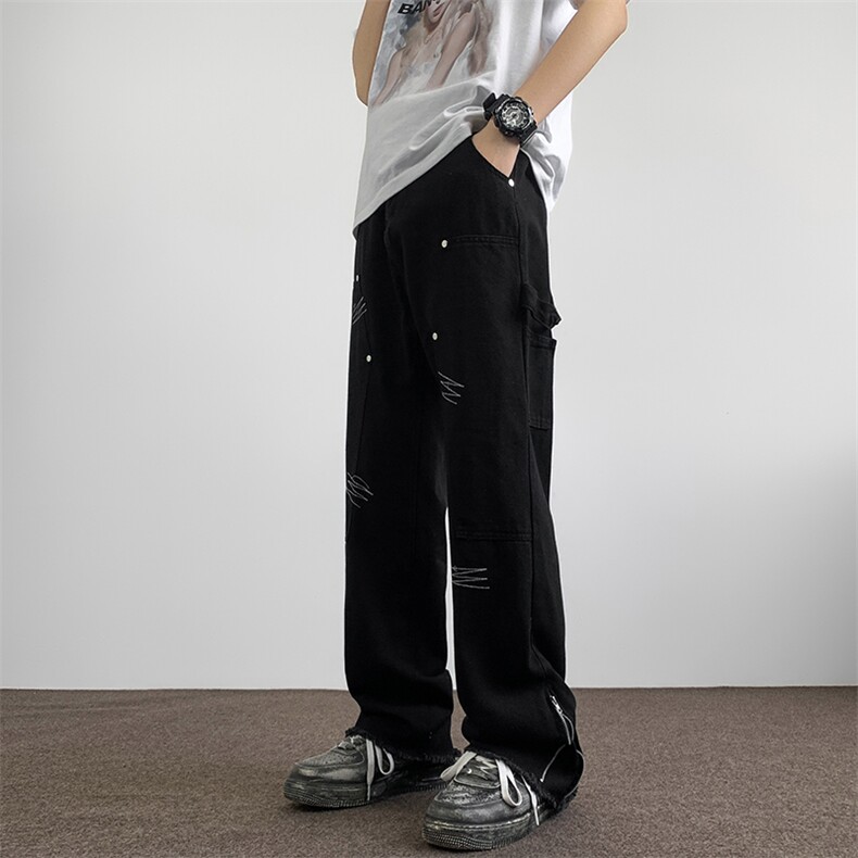 破洞休闲牛仔裤男直筒裤潮牌设计感美式高街N06092-P55,男装牛仔裤,星座308B-2