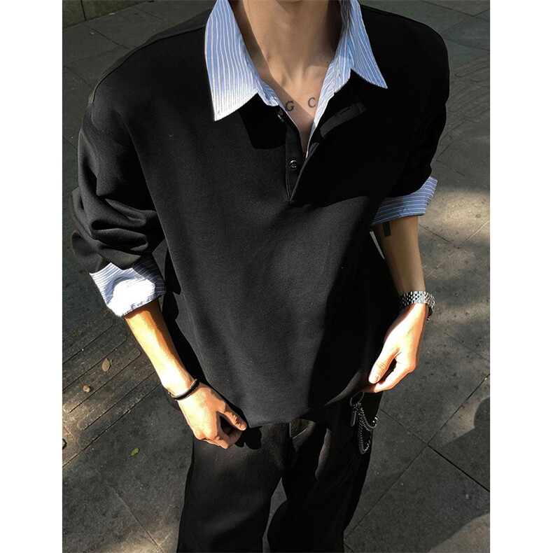 抖音得物高品质26春装美式高街假两件衬衫领长袖卫衣POLO领打底衫图片