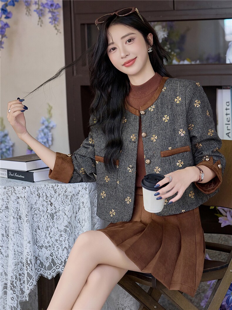 【bao款现货】2025秋装新款纯色幸运四叶草小香风法式套装裙,女装套装/套裙,众宇琦
