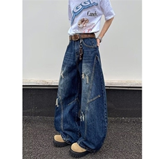 潮牌设计感大码阔腿裤女装2025年春夏新款胖mm宽松高腰牛仔裤深蓝，男装牛仔裤，星座601-1