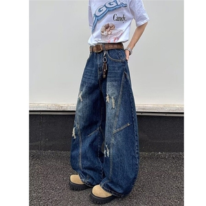 潮牌设计感大码阔腿裤女装2025年春夏新款胖mm宽松高腰牛仔裤深蓝图片