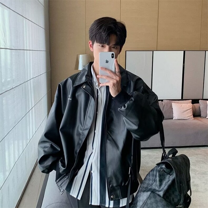 皮衣外套男款秋季美式高级感痞帅潮牌翻领宽松pu皮拼接机车服夹克,男装夹克,星座506A