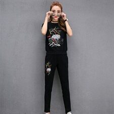 植物花卉潮流图案时尚纯色气质短袖圆领长裤套装/套裙2020年夏季，女装套装/套裙，凯瑟曼