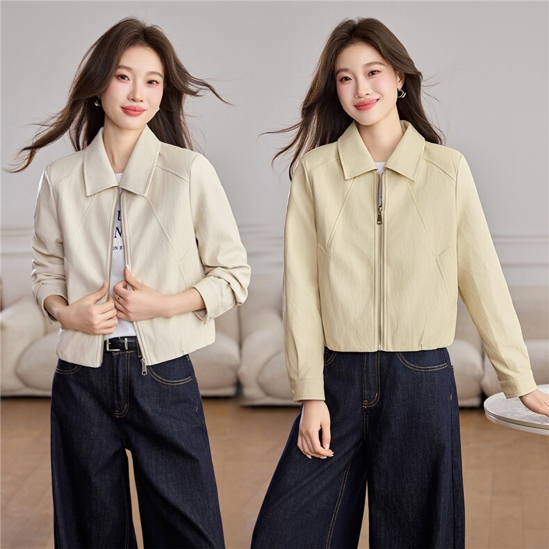 洋气减龄翻领皮衣外套女2026春秋新款宽松休闲小个子短款夹克上衣，女装皮衣，江南女神