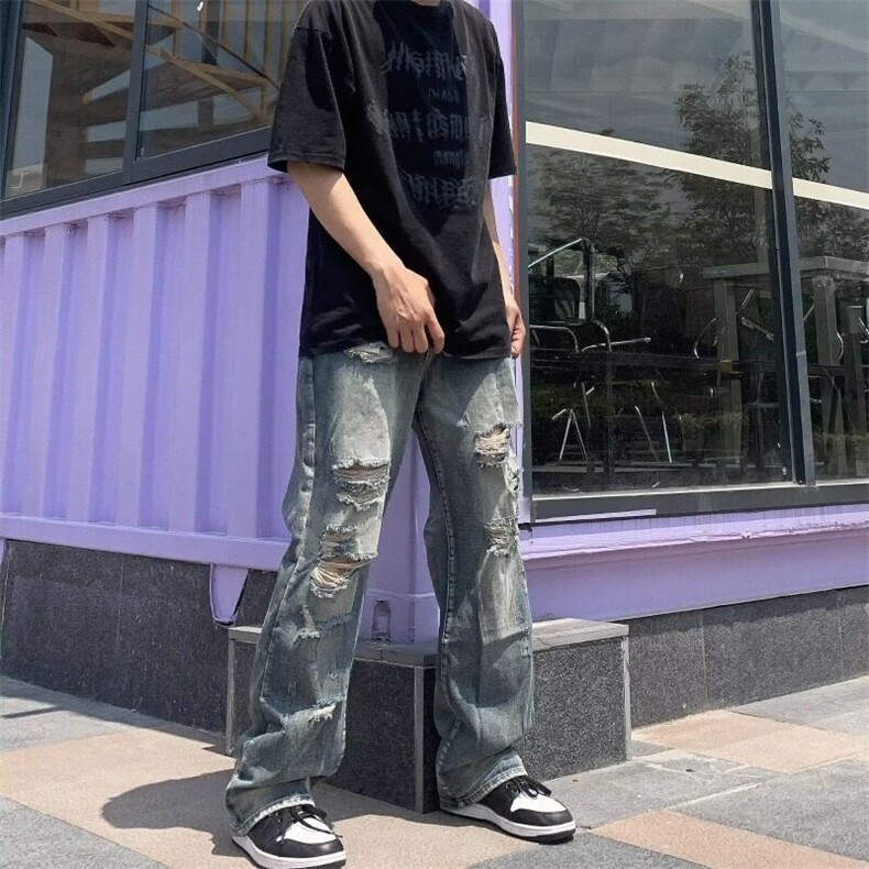 新款！百搭美式复古高街破洞牛仔裤男女款春夏直筒阔腿版型 NY303图片