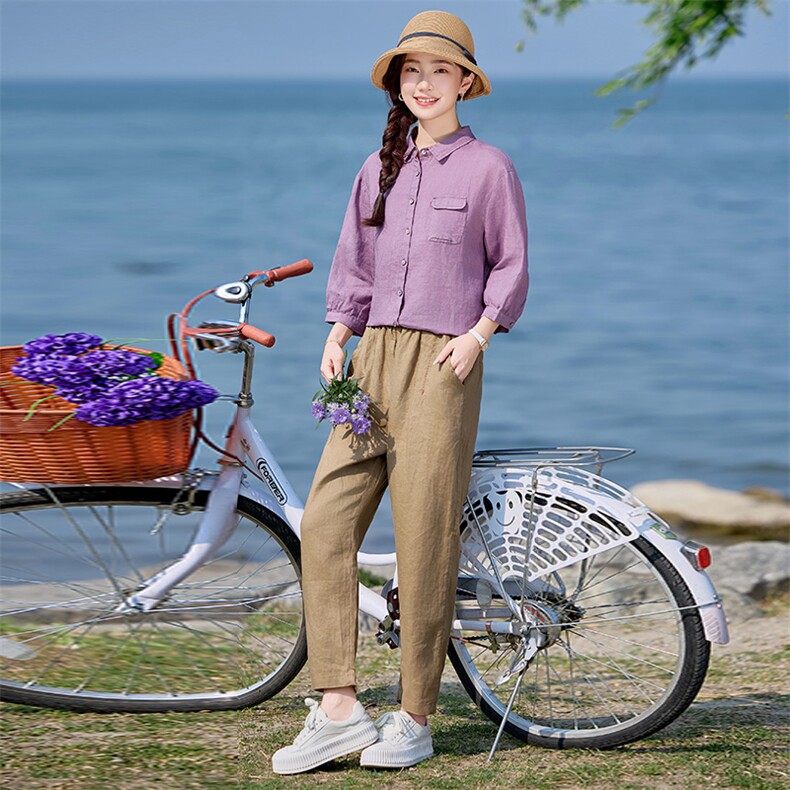 棉麻套装女2025年夏季新款妈妈洋气苎麻薄款衬衫休闲裤气质两件套,女装套装/套裙,涵誉
