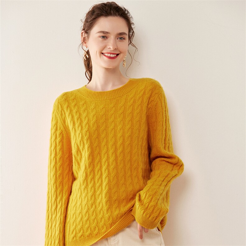25秋冬轻奢级山羊绒衫女圆领麻花宽松针织衫纯色百搭套头毛衣打底，女装羊绒衫，戎美山