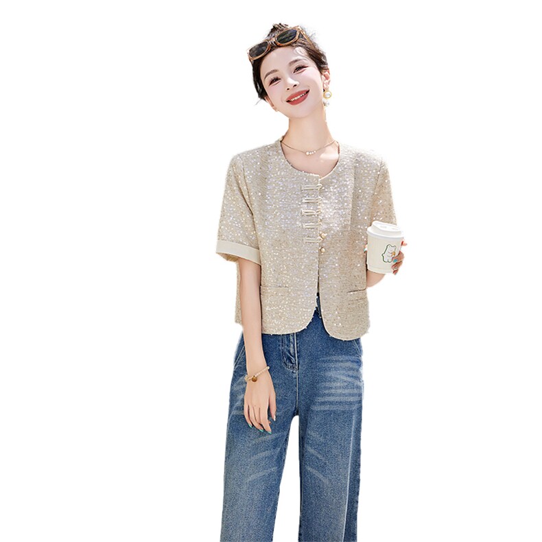 2025春秋新款修身显瘦气质时髦小香风盘扣亮片无袖短外套上衣,女装短外套,曼琳思菲