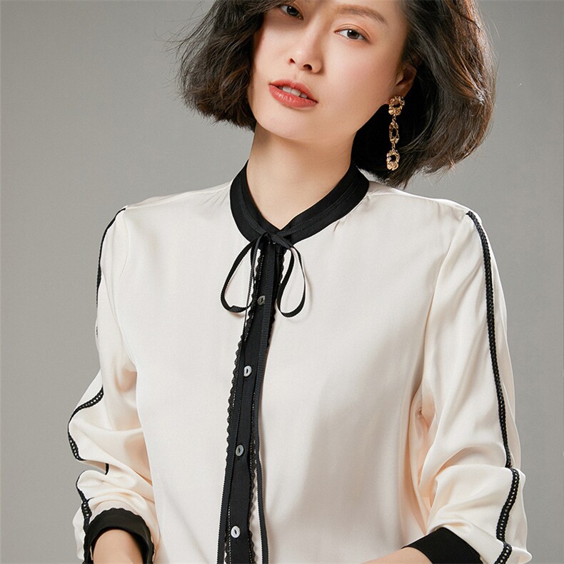 2025年夏季真丝衬衫女立领设计感飘带洋气长袖上衣缎面桑蚕丝衬衣,女装衬衫,宋氏羊绒