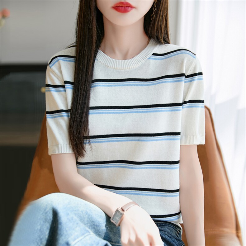 2025夏季新款圆领纯棉条纹针织短袖女宽松显瘦洋气休闲百搭上衣女,女装T恤,秋双羊绒