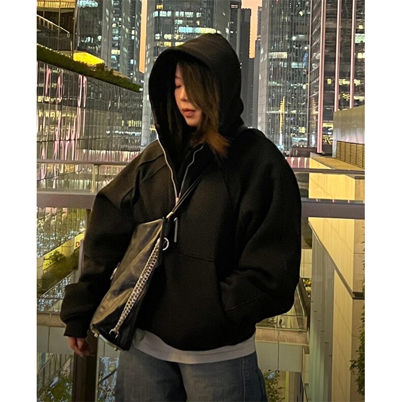 抖音得物二开美式重磅宽松结构拉链设计防风高领连帽卫衣外套W76,男装卫衣,电商A486-1