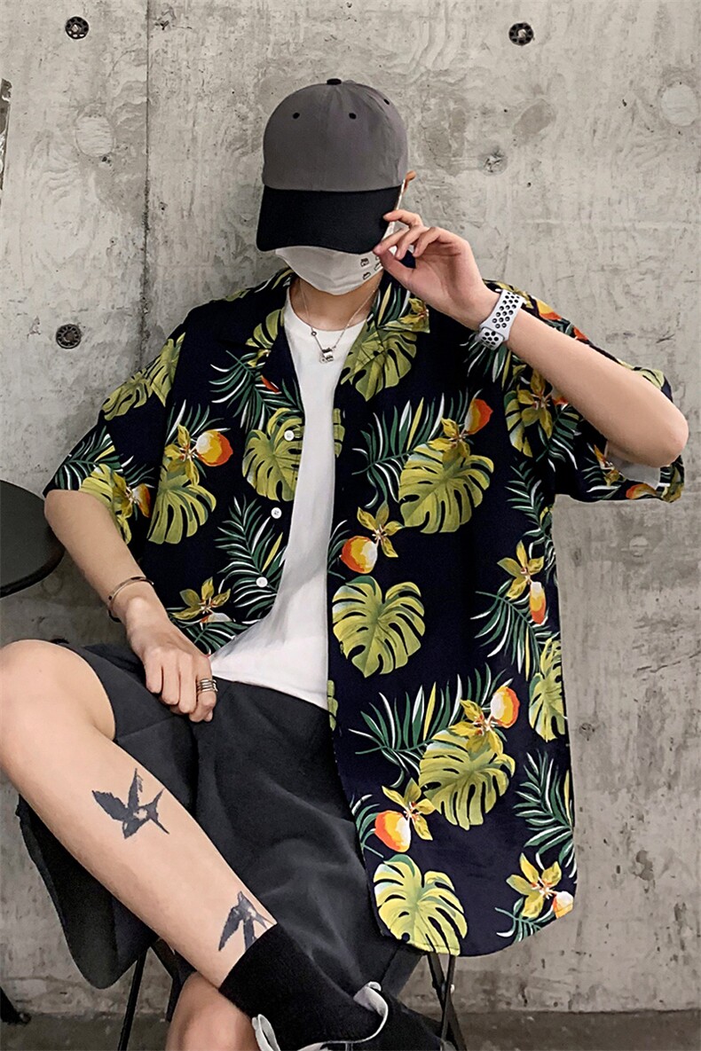 21年夏季短袖衬衫男宽松落肩港风西装领衬衫男DS-C407-CS303-P35,男装衬衫,电商C323-1