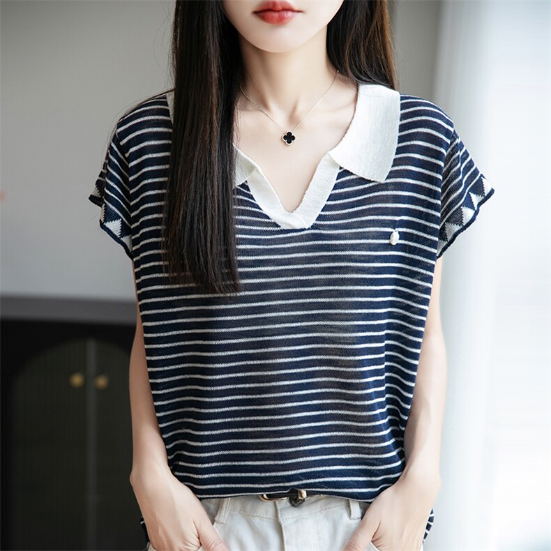 撞色翻领条纹针织小飞袖T恤女2025夏薄款显瘦Polo领短袖T恤衫上衣,女装T恤,菲奥羊绒