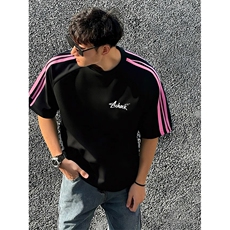 抖音得物品质二开240克宽松纯棉美式潮牌印花三条杠中性风短袖T恤，男装T恤，电商A486-1