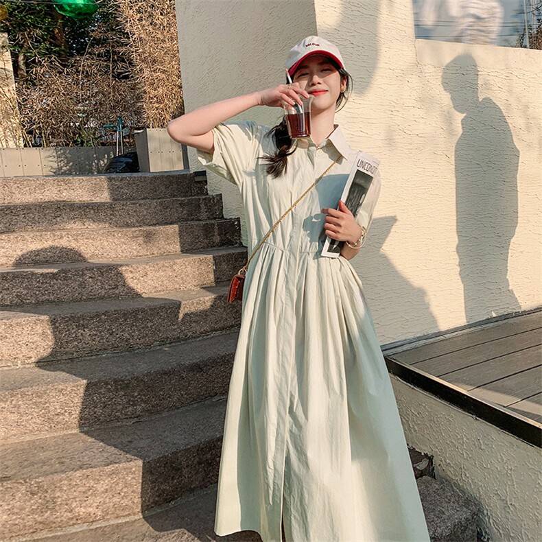 短袖衬衫连衣裙女夏新款韩版通勤简约百搭纯色长款裙子p115-k168,女装连衣裙,辉之琳