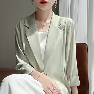 2025春夏新款纯色醋酸缎面一粒扣宽松西服女气质薄款七分袖百搭图片