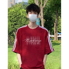 抖音得物高品质二开240克宽松纯棉美式潮牌三条杠织带短袖T恤，男装T恤，电商A486-1