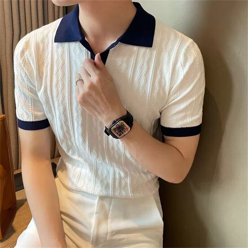 夏季透气拼色轻熟男Polo衫V翻领弹力提花纹理修身短袖针织S326,男装Polo衫,星座1116A-2（原606A-1）