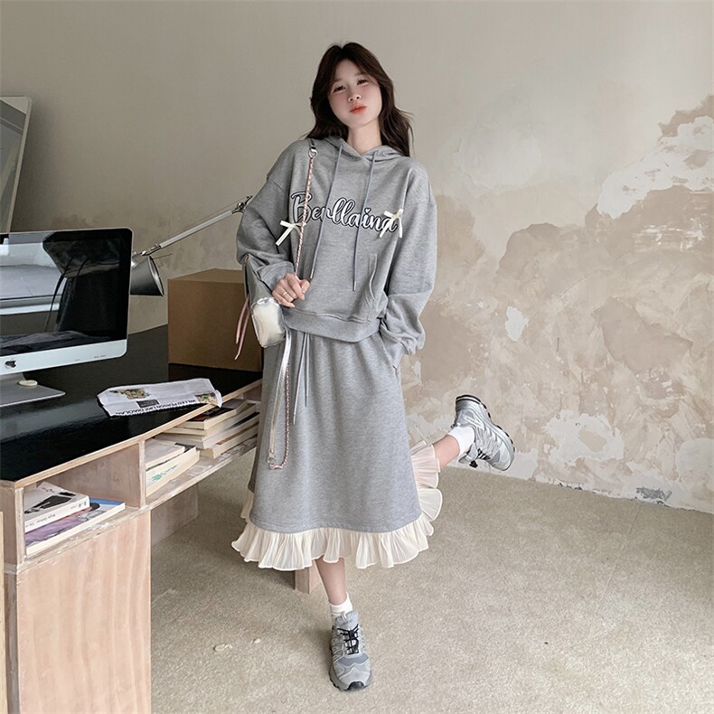 灰色连帽卫衣套装女春2025新款学院风减龄木耳边拼接半身裙两件套,女装套装/套裙,天使之佳话