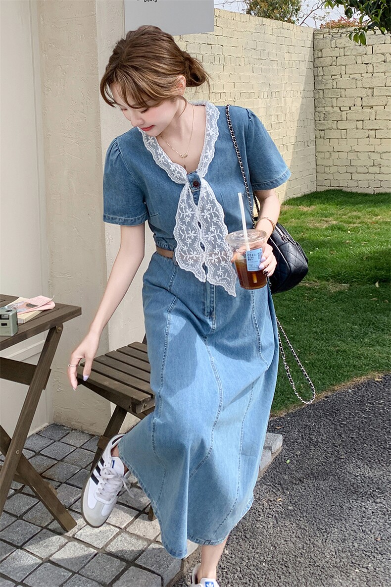 现货法式复古春夏薄款牛仔连衣裙5532-P145-K228,女装连衣裙,2C275
