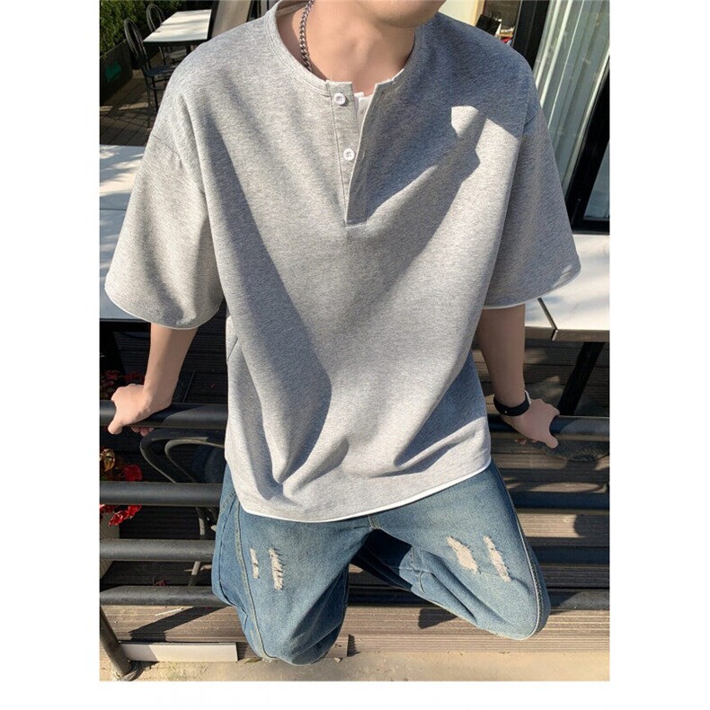 夏季高质量男生男款假两件短袖纯色上衣T恤黑色灰色潮牌时尚款,男装T恤,星座1013