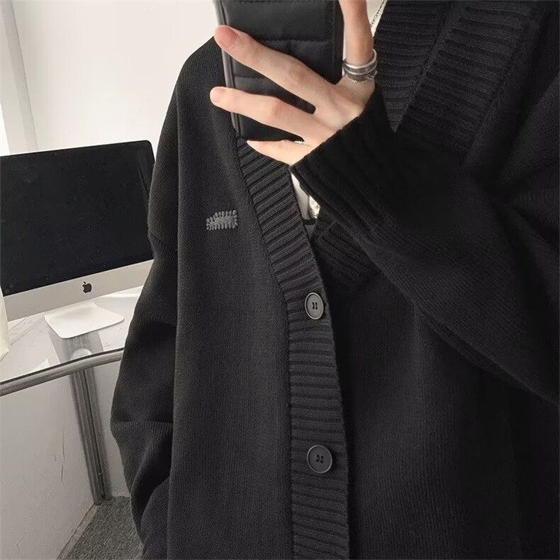 V领开衫毛衣男秋冬慵懒风宽松休闲青果领针织衫日系复古潮牌外套,男装针织衫/毛衣,星座516A